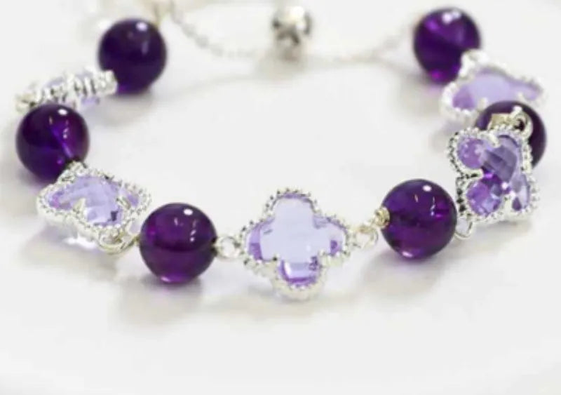 Artificial amethyst crystal bracelet for women with electroplated finish, U-shape design, four-leaf clover motif, and pearl elements