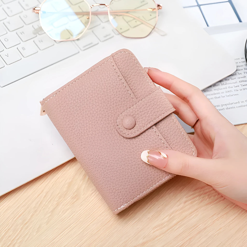 Lychee pattern ladies short wallet in beige pink black red colours showing two-fold design
