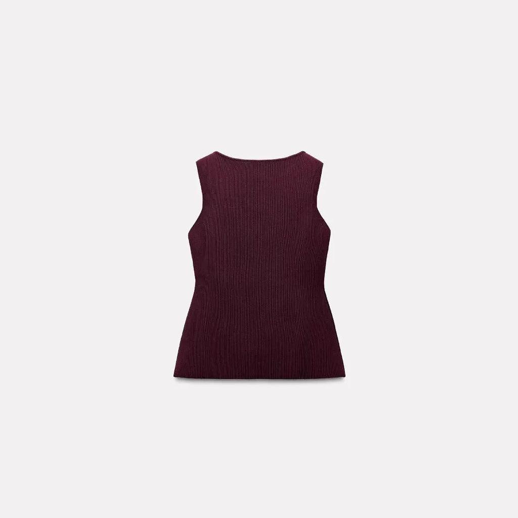 Slim fit dark red sleeveless viscose vest with a raised 3D pattern, shown on a hanger.
