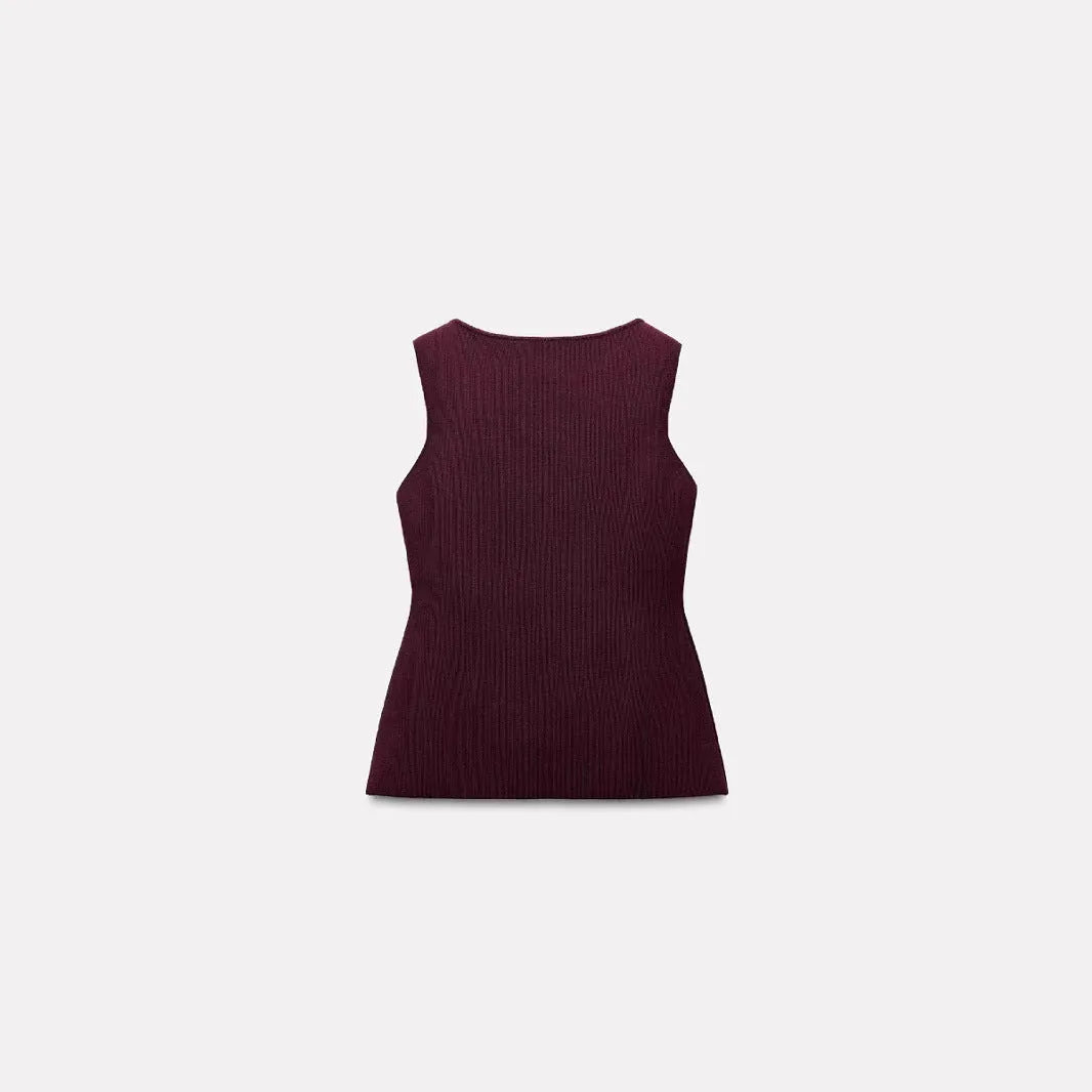 Slim fit dark red sleeveless viscose vest with a raised 3D pattern, shown on a hanger.