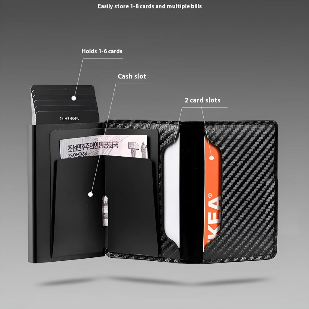 Pop-up aluminum alloy card wallet in retro style with anti-theft protection, available in multiple colours