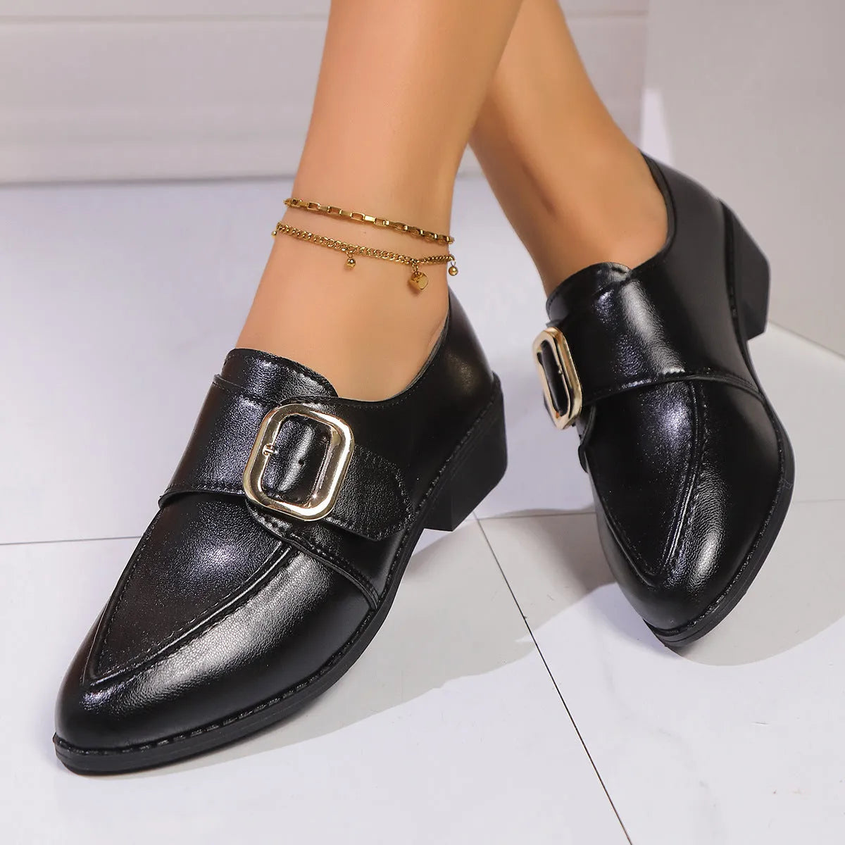 Women's British-style leather shoes with decorative bow detailing on PU upper and rubber sole