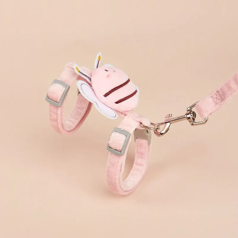 Bee-shaped adjustable cat lead and harness set in blue, pink, or yellow.