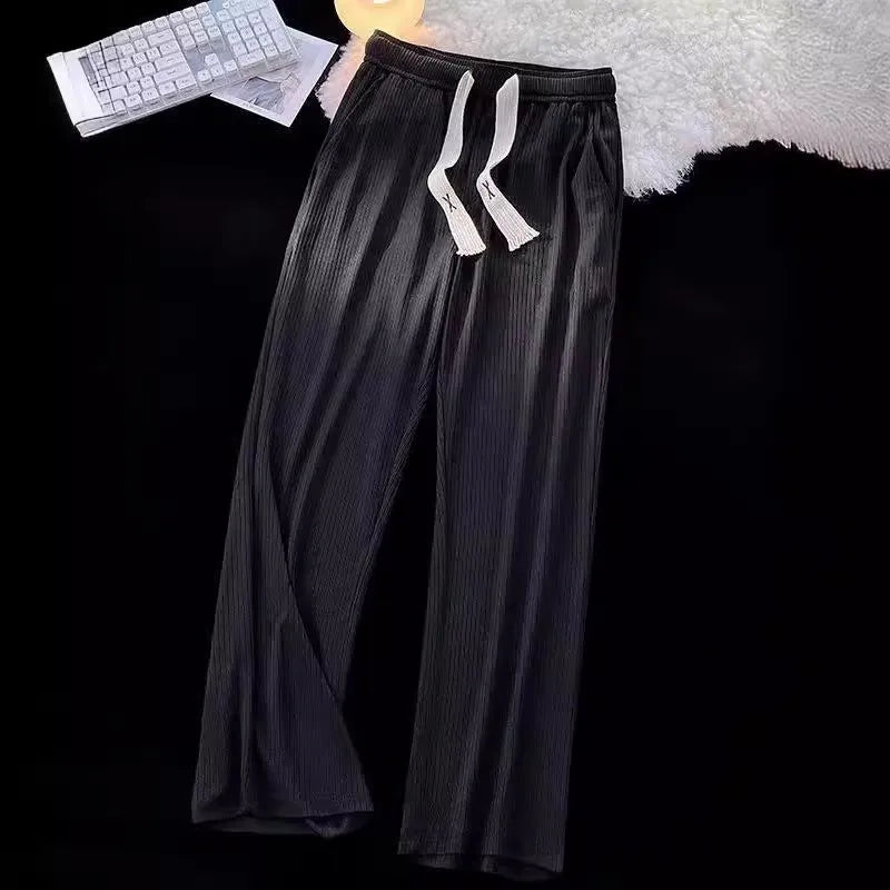 Ice silk thread men's loose straight casual trousers in black solid colour cotton fabric leisure pants