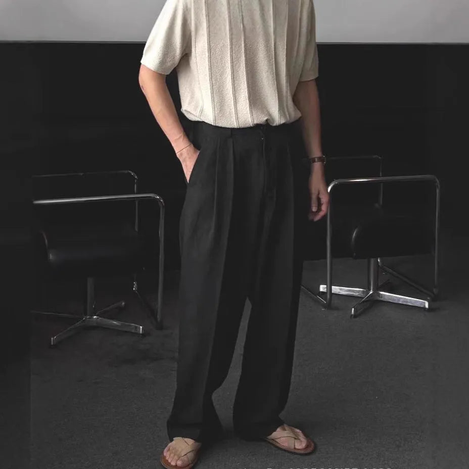 Men's Korean-style wide-leg cotton linen trousers in apricot colour with micro-elastic waist