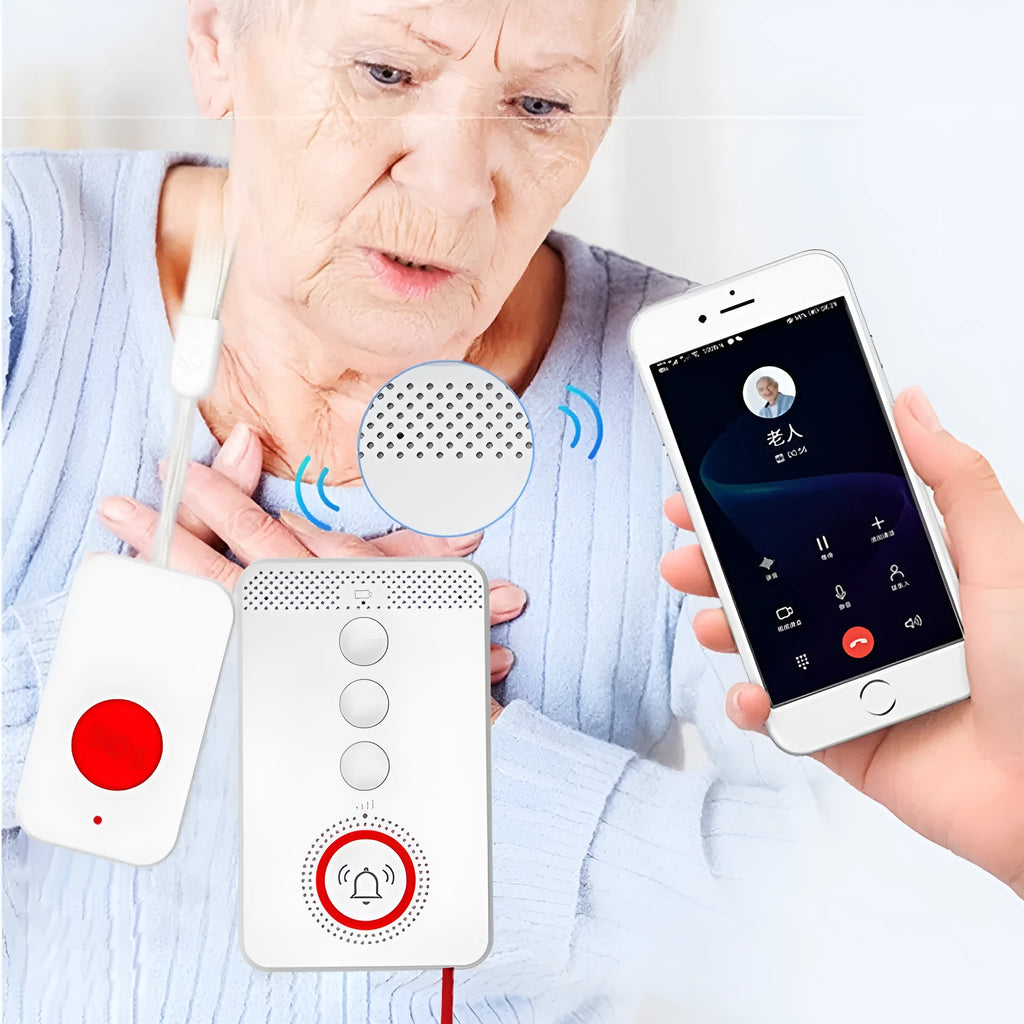 White emergency alert system with one buzzer unit and three portable emergency button transmitters