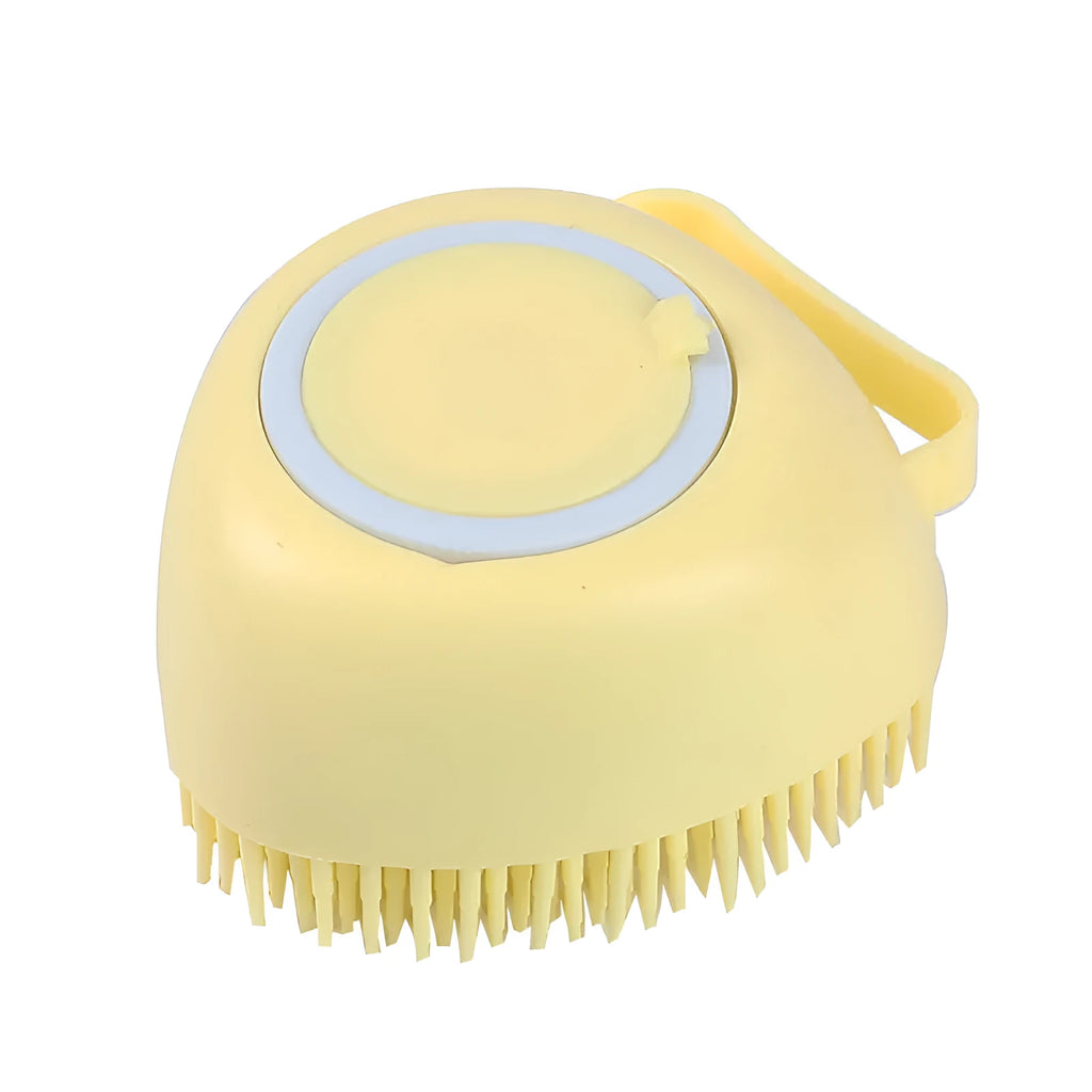 Silicone dog bath brush in blue, pink, and yellow colours, compact 9x6x8.5cm grooming tool