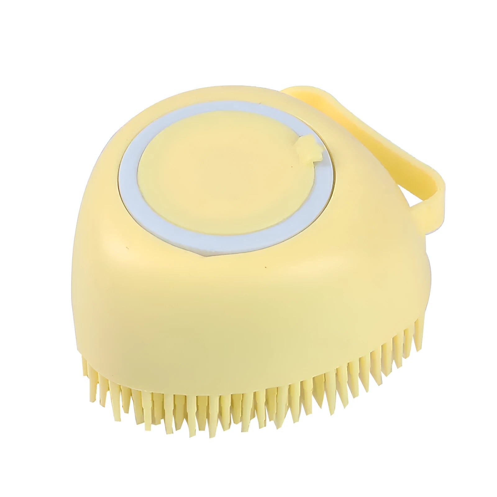 Silicone dog bath brush in blue, pink, and yellow colours, compact 9x6x8.5cm grooming tool