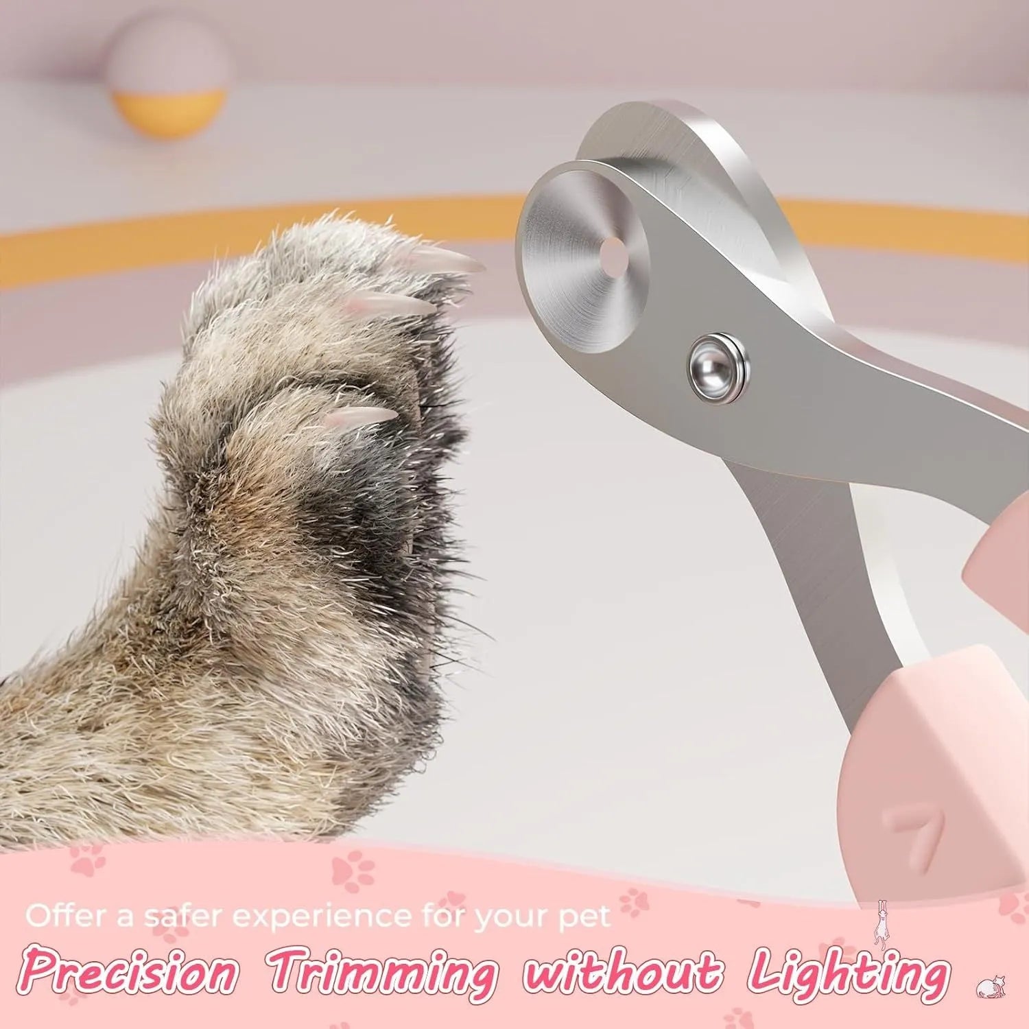 Stainless steel cat nail clipper with positioning hole and non-slip handle in blue or pink for safe pet grooming