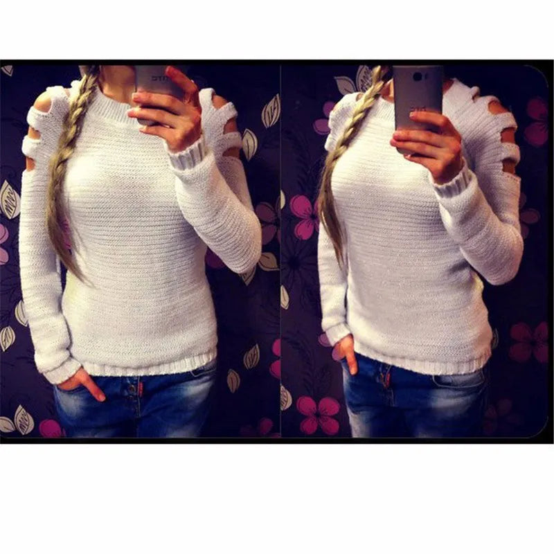 Women's white hollow-out crochet knit shirt with round neck and long sleeves
