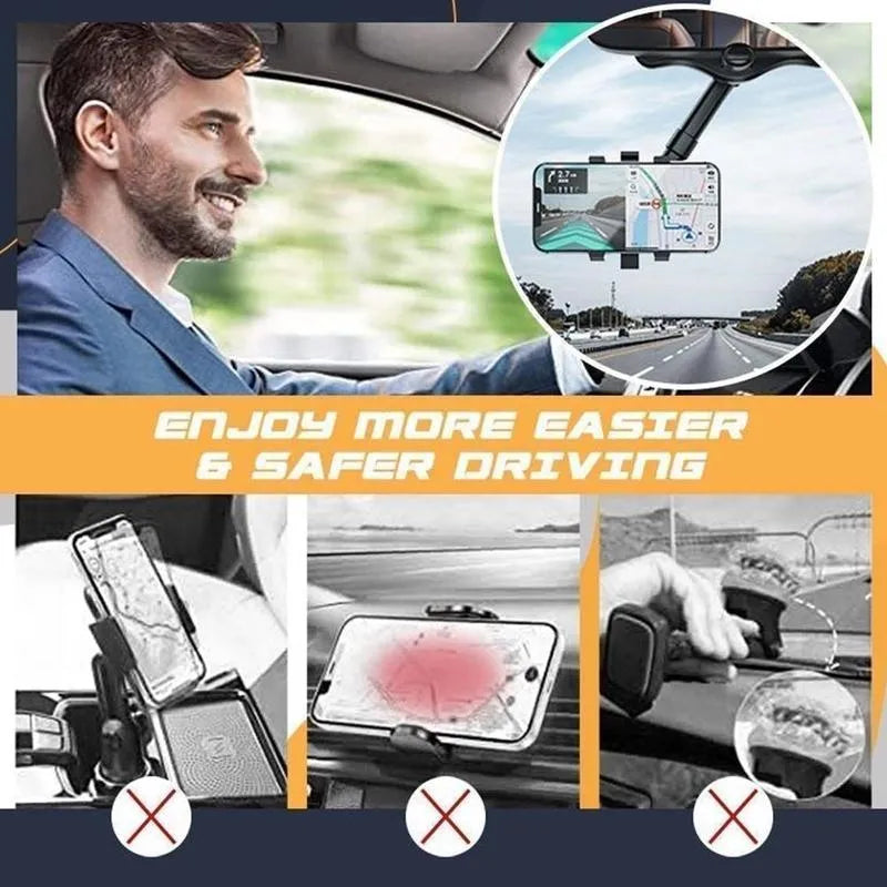 Black rearview mirror phone holder with rotating head and telescopic arm extended