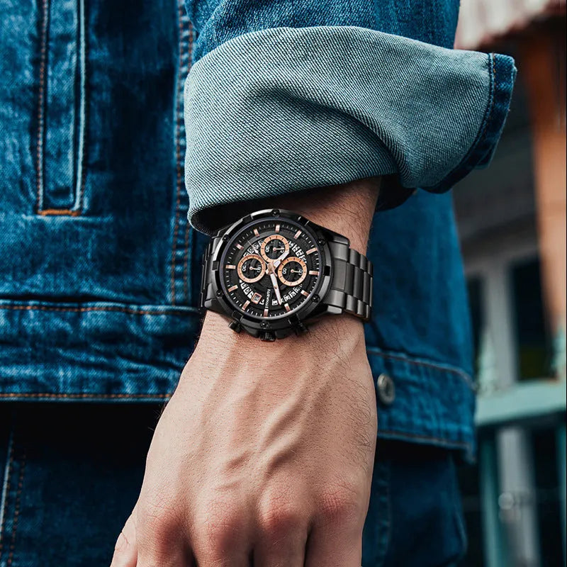 Men's luminous waterproof quartz watch in stainless steel with three colour options