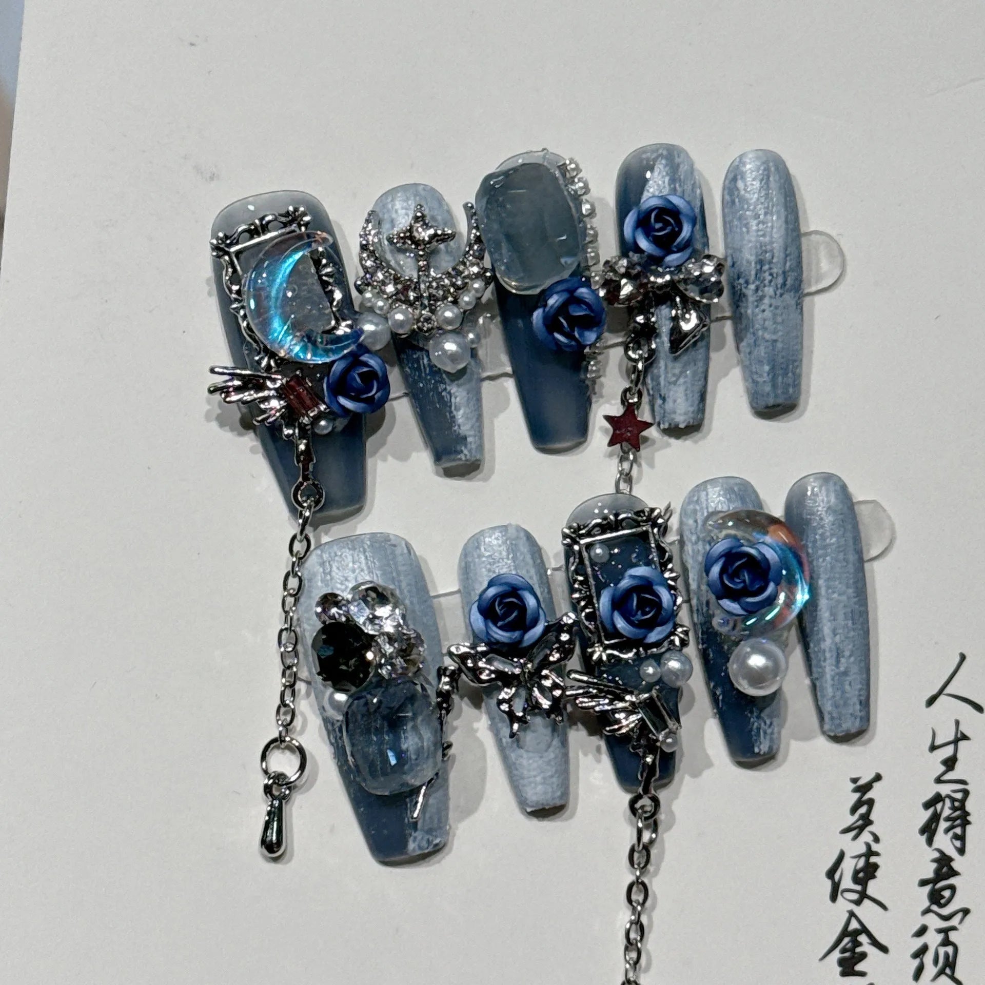 Heavy industry blue manicure set with ornate rose and tulip flower patterns
