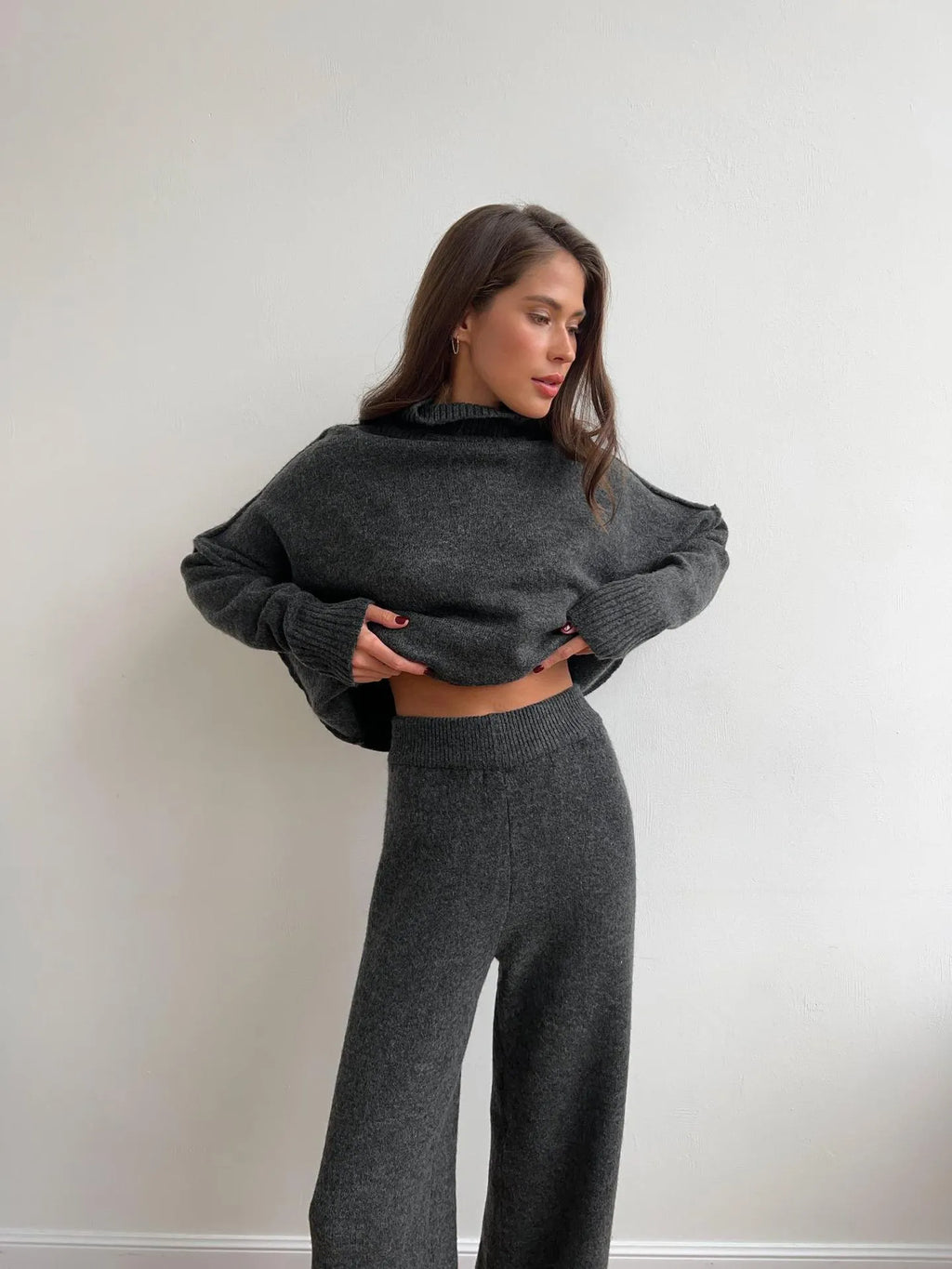 Women's solid colour acrylic trouser suit with long sleeve top and matching trousers