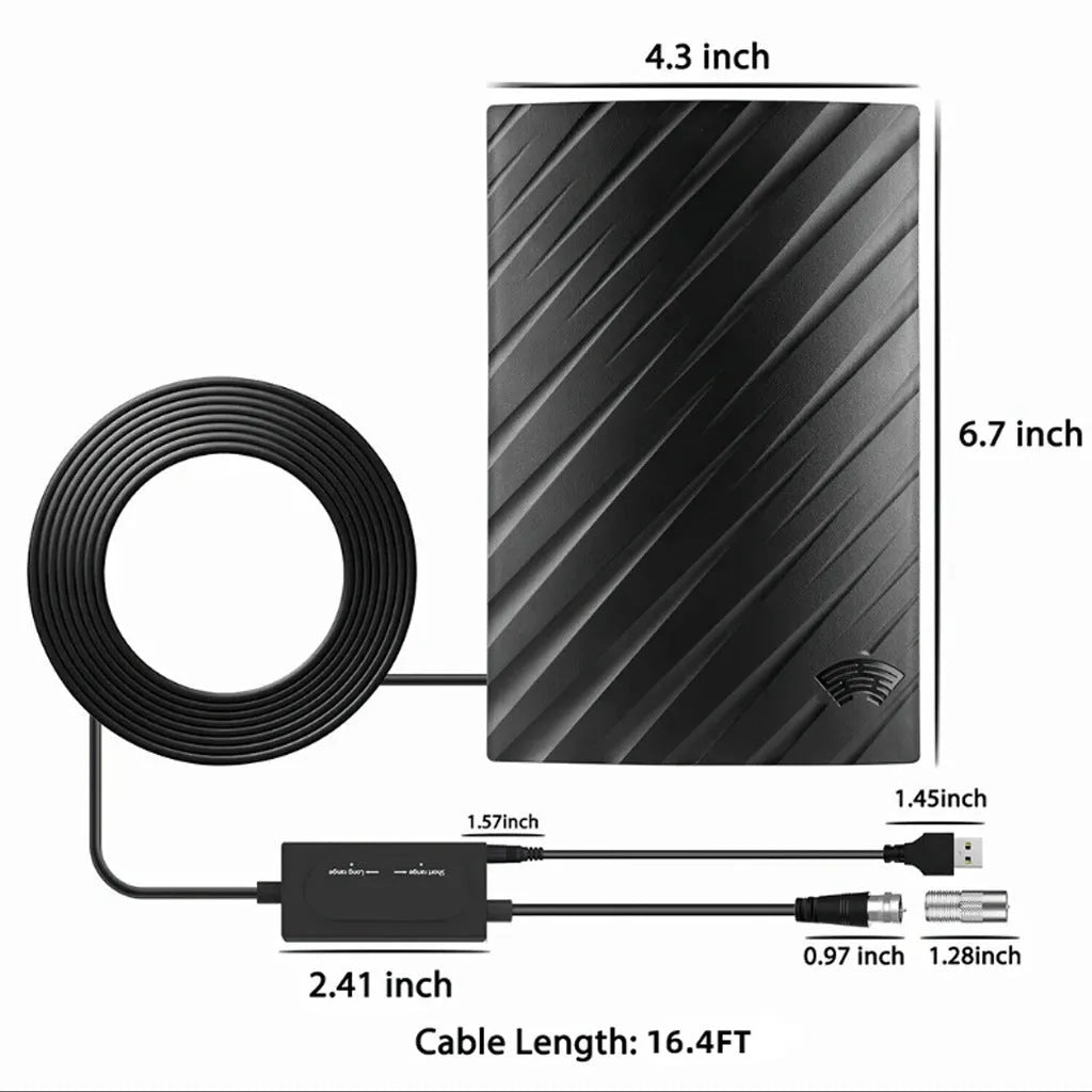 Black plastic digital television antenna with mounting hardware including expansion tubes, screws, and cable ties