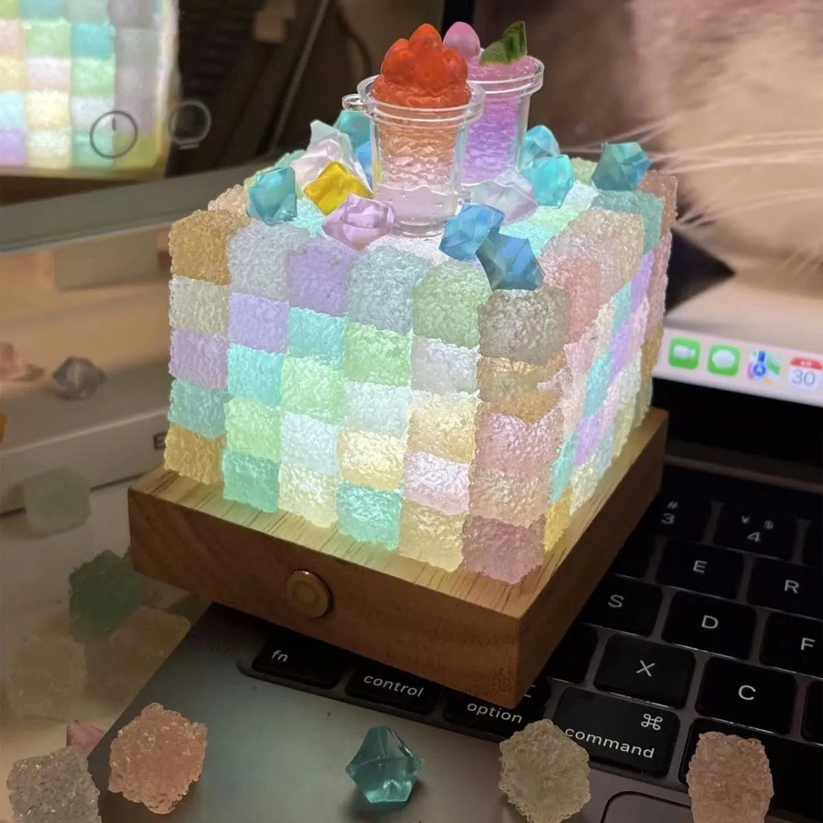 Crystal luminous cube sugar LED small night lamp with 8cm base and USB button