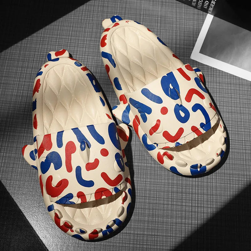 Shark-themed open toe EVA slippers for home wear, shown in beige colour.