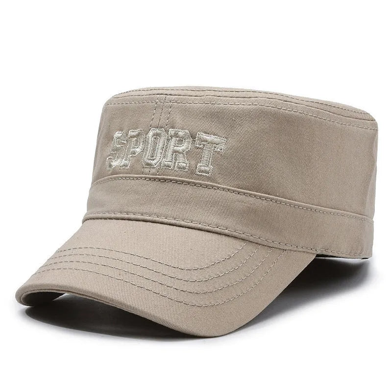 Men's adjustable cotton peaked cap in army green with dome crown and English letter print.