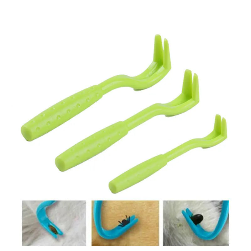 Blue and green plastic tick removal tools for pets with hook design