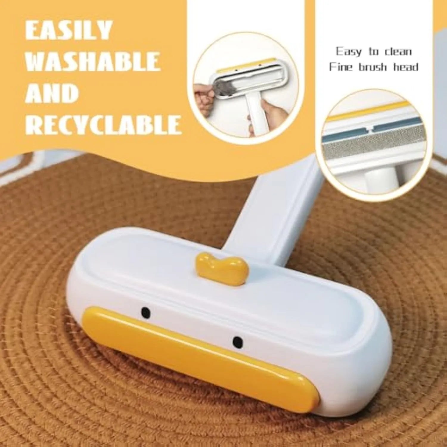 Yellow duck cartoon-style portable pet hair remover with plastic body and bristles.