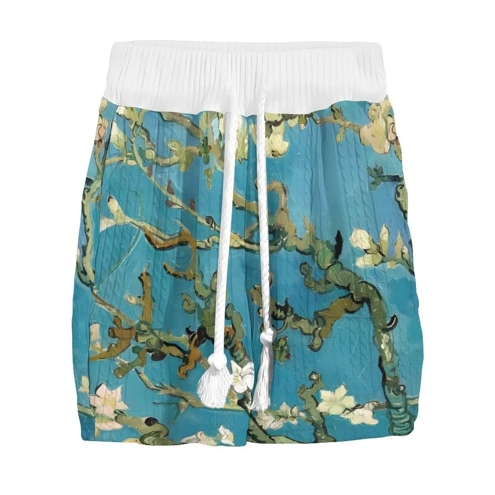 Men's peacock blue 3D printed knitted shorts suit with matching t-shirt, laid flat.