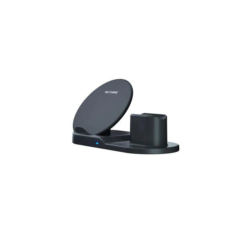 Black three-in-one wireless charger station with phone pad and watch output on a desk, 10W fast charging