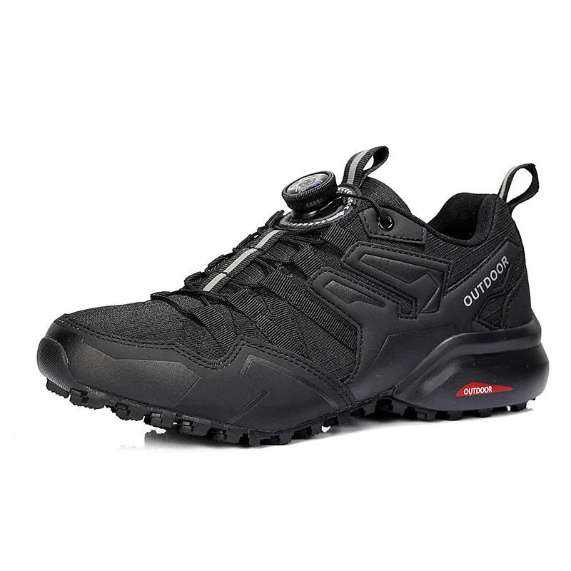 Men's beige lightweight hiking shoes with elastic band fastening and textured rubber sole.