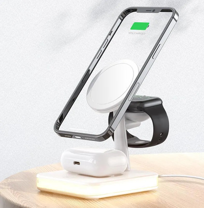 Three-in-one magnetic wireless charger with night light holding an iPhone, Apple Watch, and AirPods on a desk