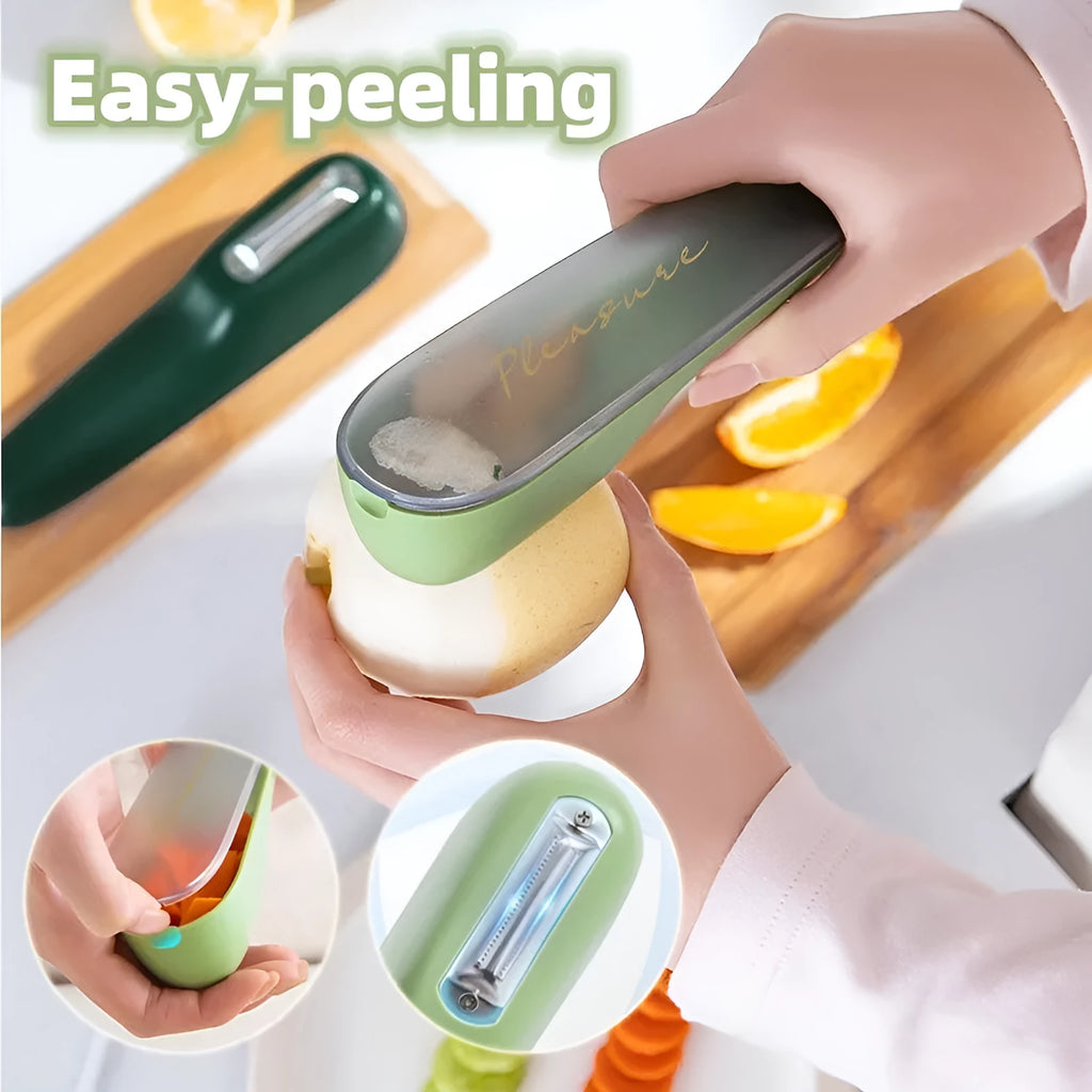 Storage type peeling knife with tube, stainless steel blade, non-slip plastic handle, 20 x 4.8cm, dark green and light green colours
