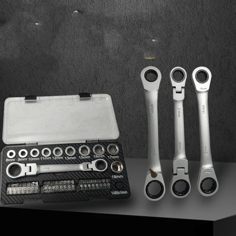 Ratchet wrench set with sockets and batch heads arranged alongside dual-purpose tool