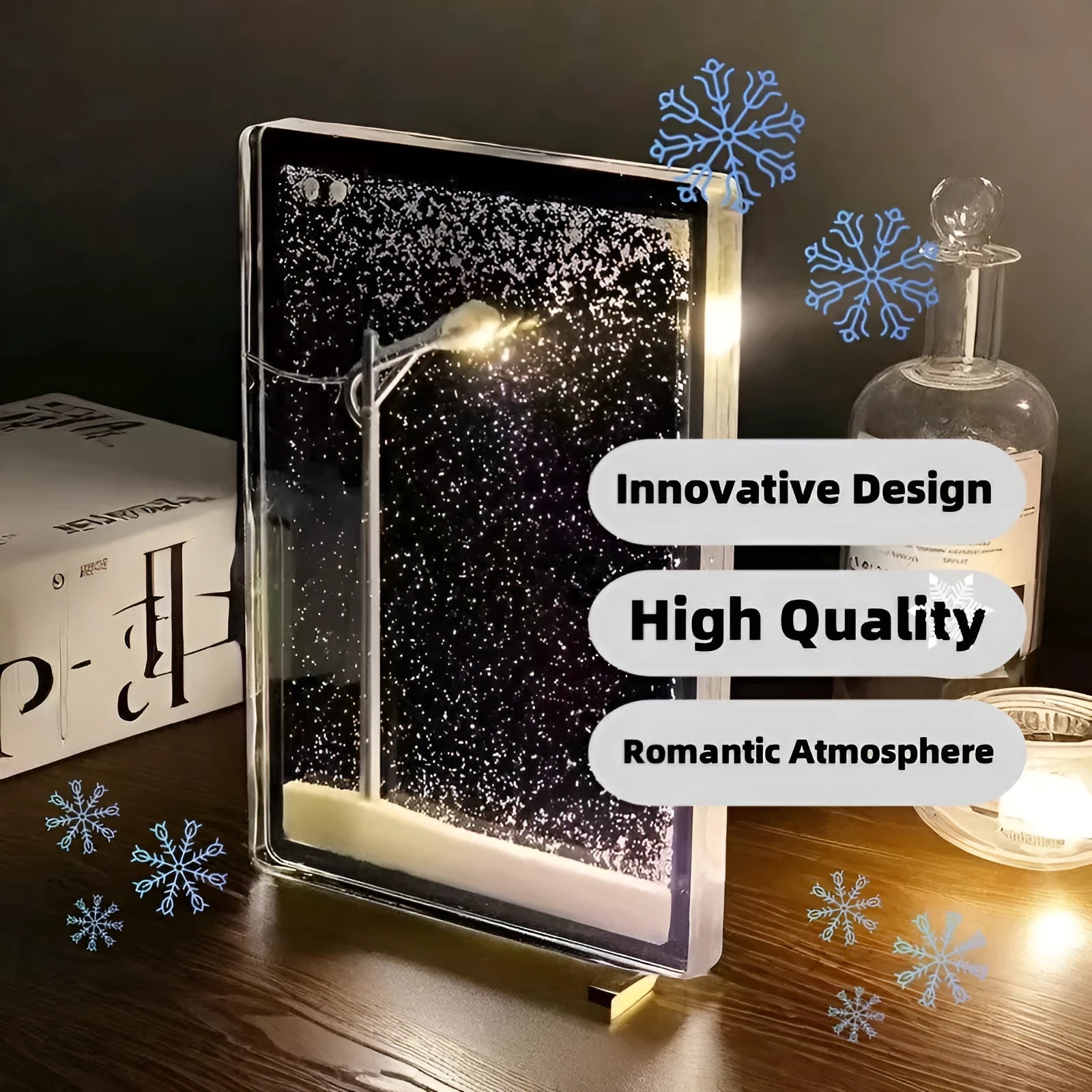 DIY snow night light kit showing materials for assembling a snowy landscape decorative light with LED effects