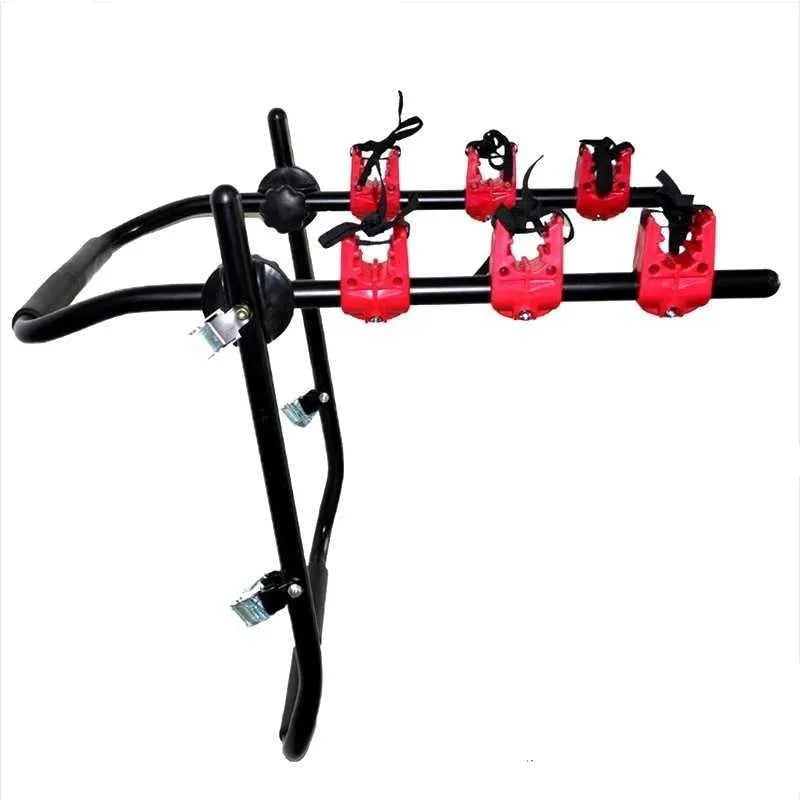 Black and red iron frame car bike rack for trunk mounting, showing tie rope and pull belt fastening styles.