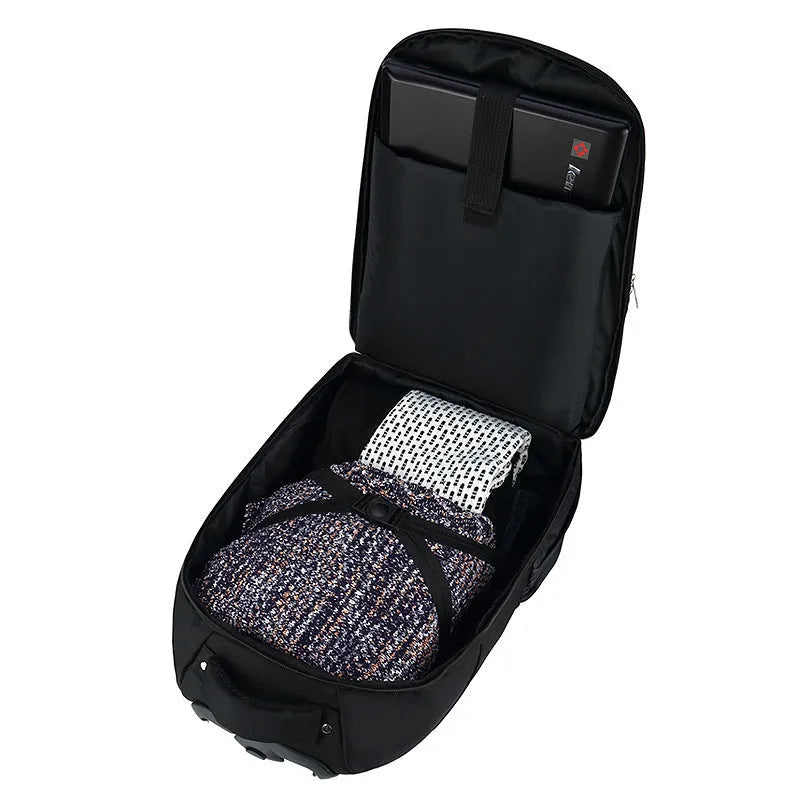 Black 18-inch nylon backpack trolley bag with letter pattern, wear resistant, for business travel
