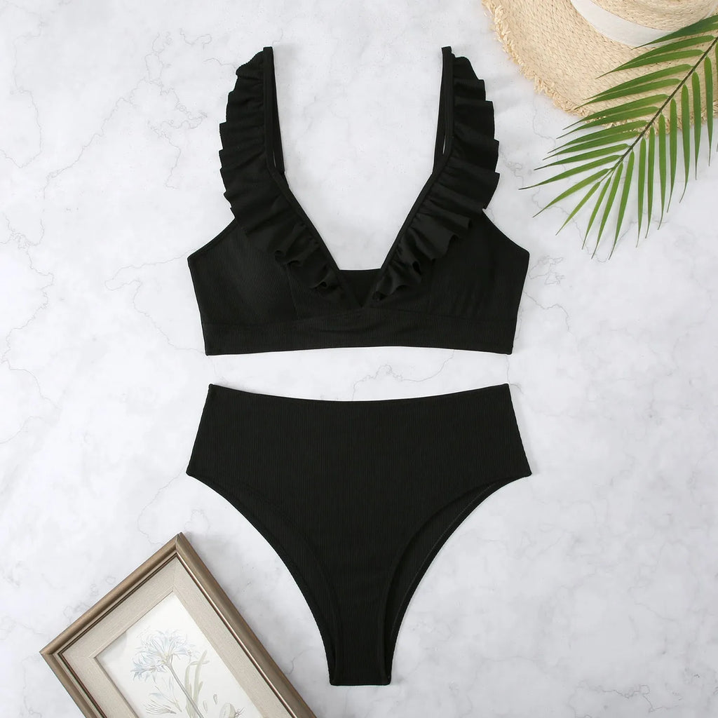 Women's high-elasticity nylon bikini set with split chest design in black stripes, backless back view
