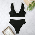 Women's high-elasticity nylon bikini set with split chest design in black stripes, backless back view