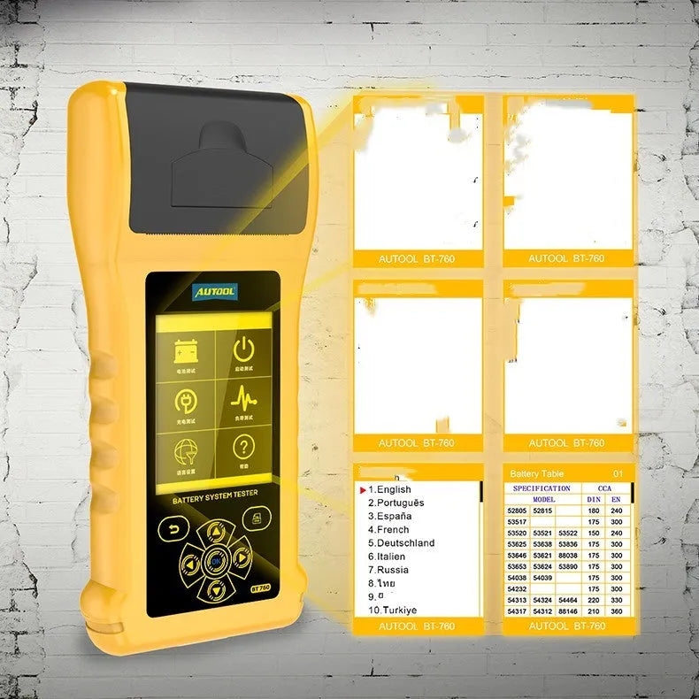 Autool BT760 vehicle battery tester with colour screen and connection clips on workshop bench