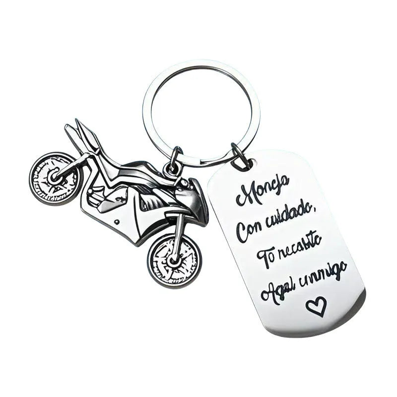 Stainless steel inspirational motorcycle keychain with metal ring and flannel storage bag.