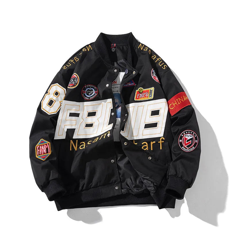 Black American motorcycle-style loose-fit baseball jacket with side seam pocket, shown as part of a couples uniform.