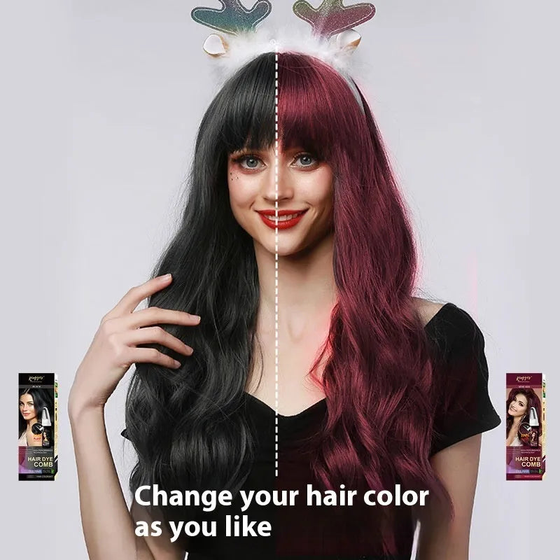 Hair dye comb applicator showing brown, dark brown, and wine red permanent colour options