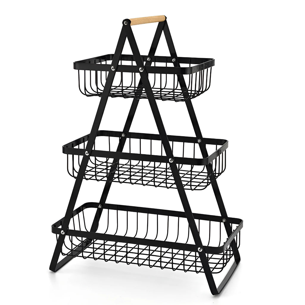 Detachable iron double-layer fruit basket with wooden handle on a kitchen table, black finish