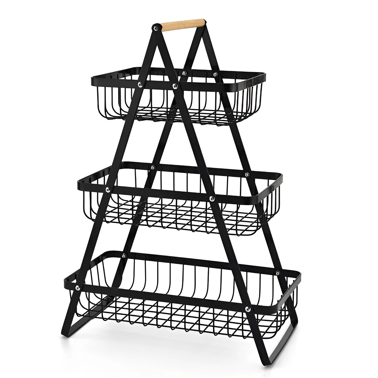 Detachable iron double-layer fruit basket with wooden handle on a kitchen table, black finish