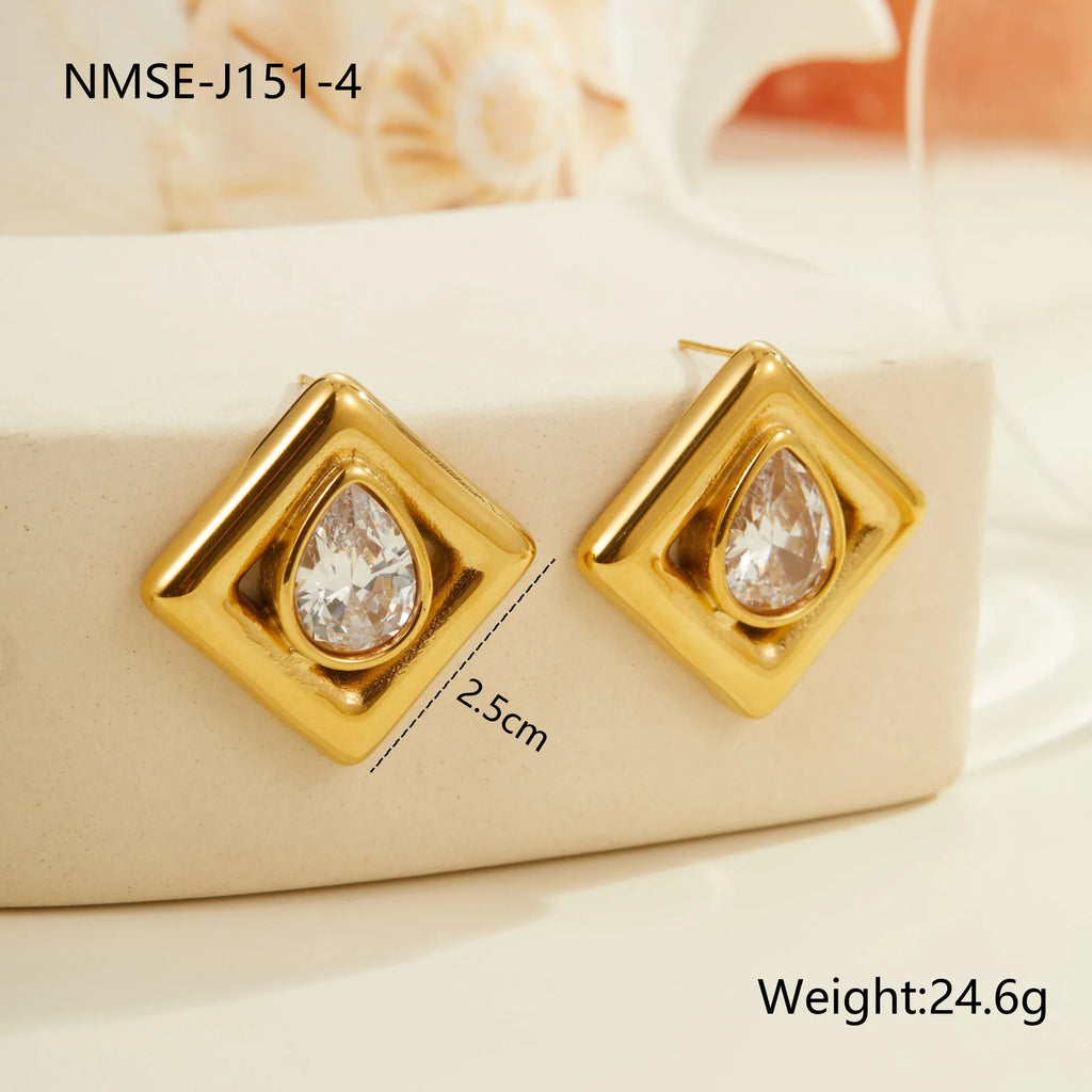 Gold-coloured geometric stud earrings with inlaid water drop zircon stones