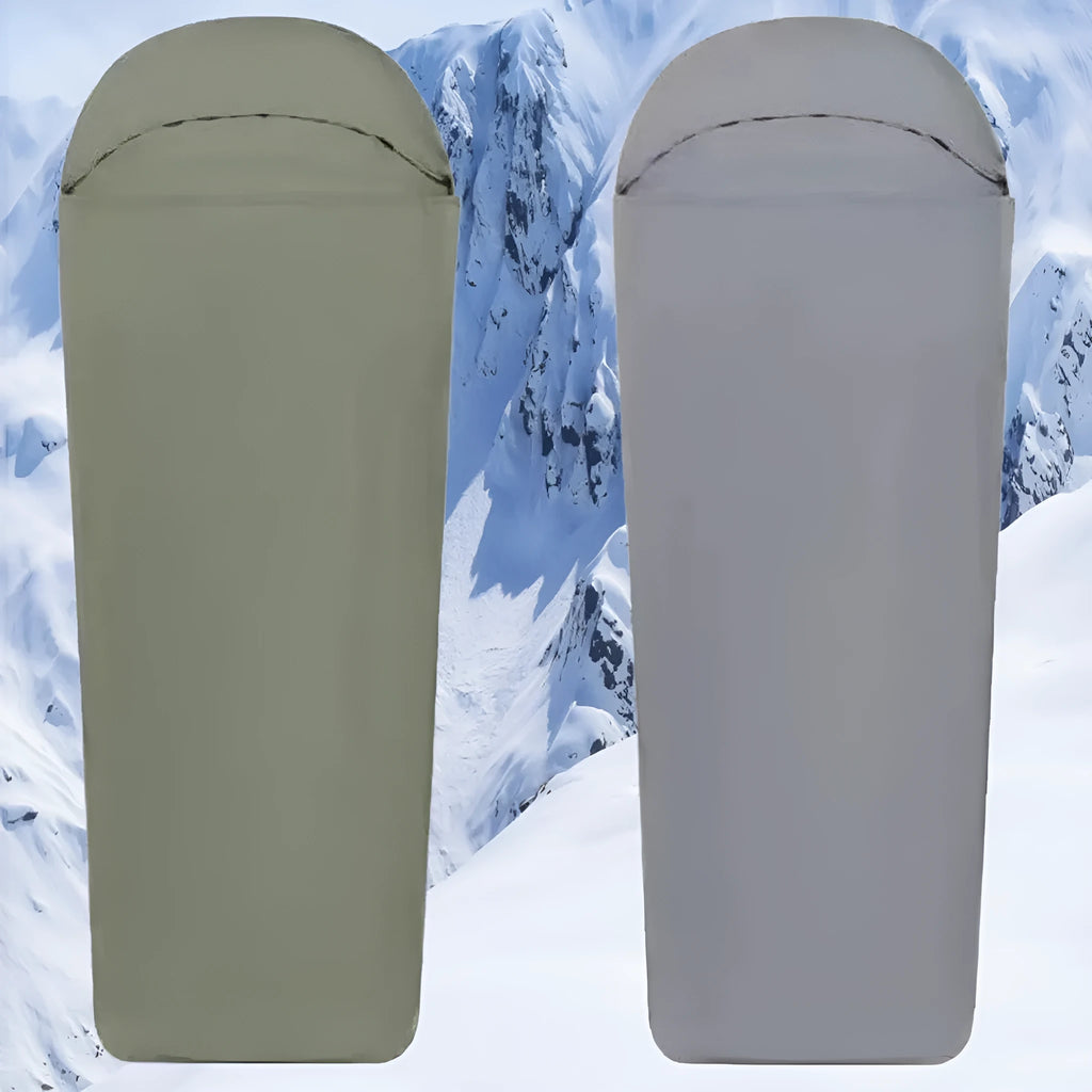 Blue mummy-style nylon sleeping bag with plaid lining for adult camping travel