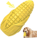 Blue and yellow corn-shaped dog chew toy with surface grooves for aggressive chewers