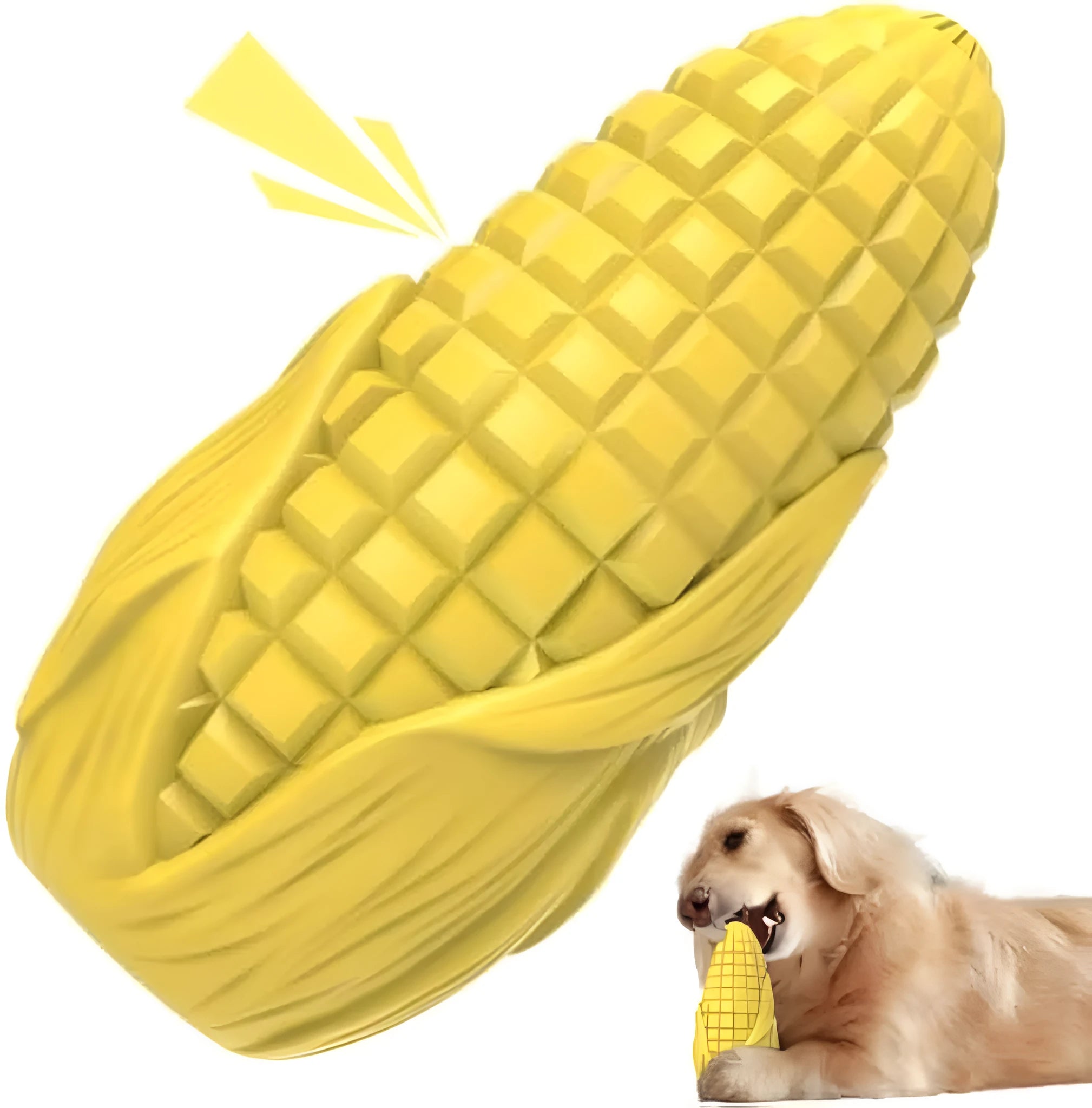 Blue and yellow corn-shaped dog chew toy with surface grooves for aggressive chewers
