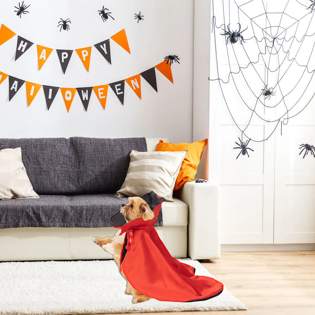 Red polyester Halloween atmosphere cloak for pets, laid flat showing cape design