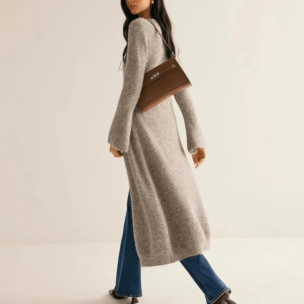 Khaki women's long sleeve viscose acrylic button cardigan coat with retro style