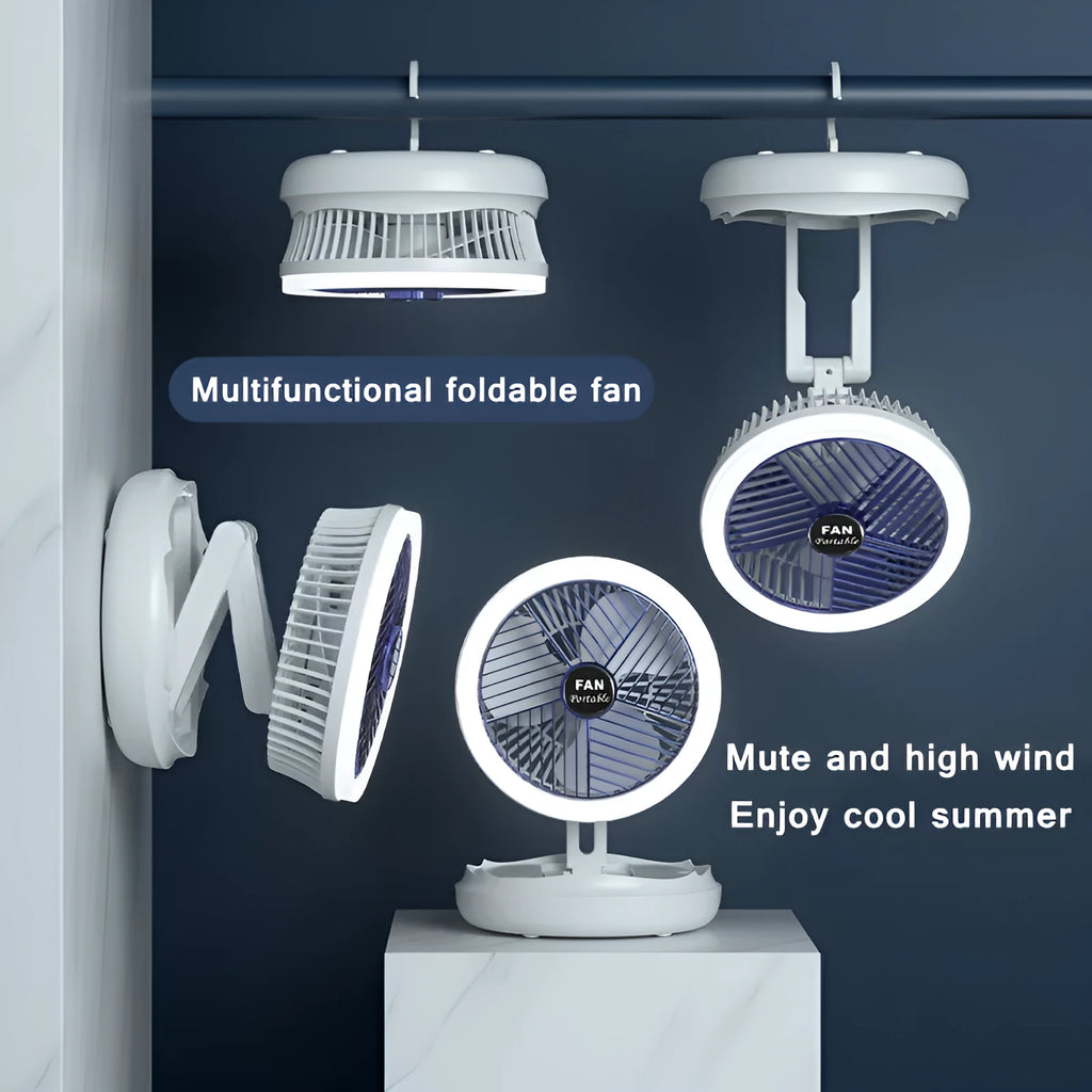 USB charging foldable table fan with LED light in blue, showing 4 speed settings and 300° rotation for home cooling