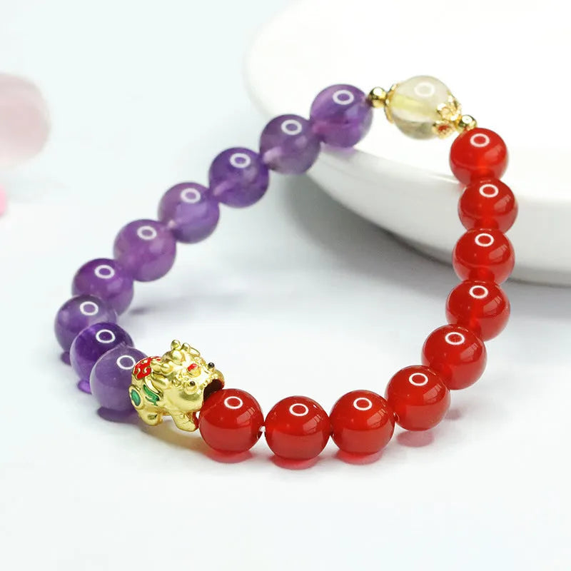Amethyst Red Agate Bracelet for women, 8mm beads, Chinese style natural crystal jewellery