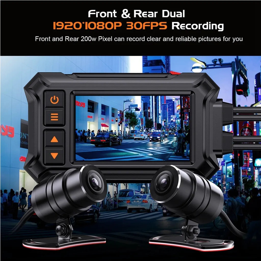 3 inch WIFI motorcycle dash cam with front and rear lenses, GPS module, and waterproof housing.